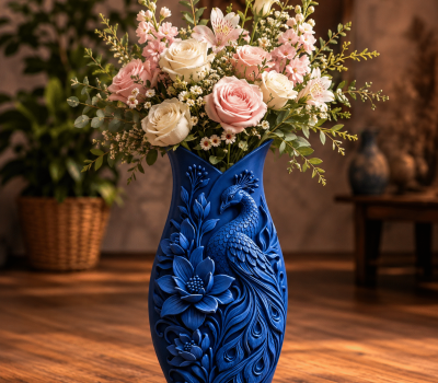 Vaso de Flores com Relevo Floral Pavão