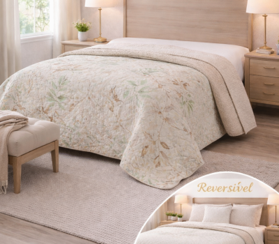 Colcha Reversível Padrão Floral Beije