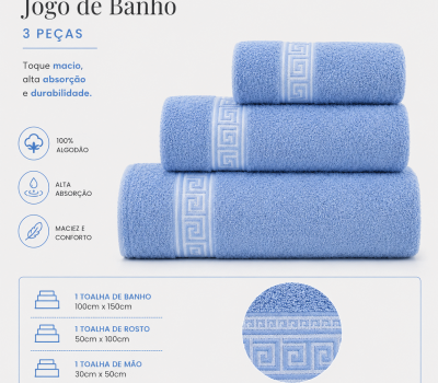 Conjunto Toalhas 3 Peças 100% Algodão