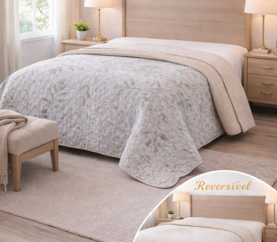 Colcha Reversível Padrão Floral Cinza